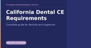 Banner for Colorado prosthodontic society: California Dental CE Requirements — complete guide for dentists and hygienists, Education & Insights badge visible.