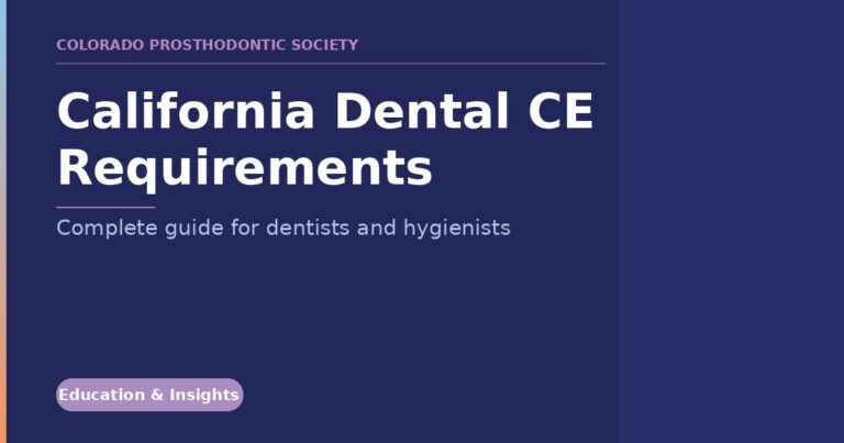 Banner for Colorado prosthodontic society: California Dental CE Requirements — complete guide for dentists and hygienists, Education & Insights badge visible.